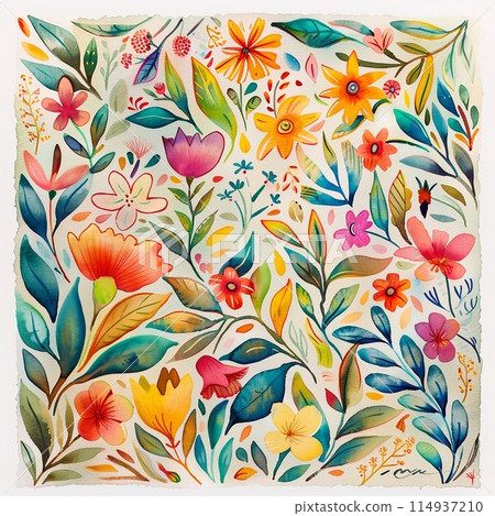 A square of colorful flowers and leaves, painted in watercolor  114937210