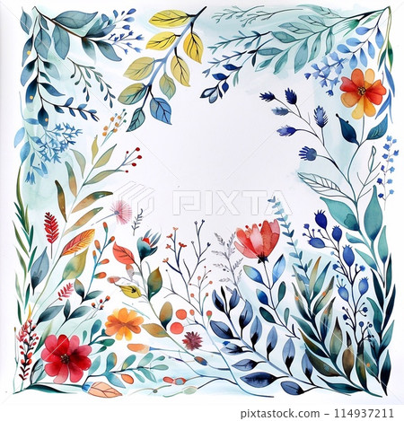 A square of colorful flowers and leaves, painted in watercolor  114937211