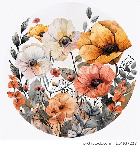 A Circle of colorful flowers and leaves, painted in watercolor  114937228