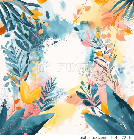 Wallpaper in a minimalist style in pastel colors of flowers and botanical leaves, yellow and green, painted in watercolor. 114937266