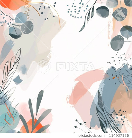 Wallpaper in a minimalist style in pastel colors of flowers and botanical leaves, yellow blue pink, painted in watercolor. 114937326