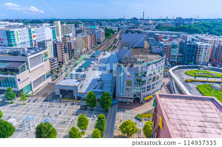 Yokohama cityscape in Japan, overlooking Center-Kita Station and Center-Minami Station (in the background) 114937335