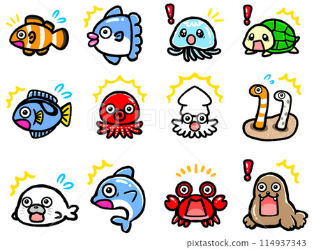 令人驚訝的可愛水族生物圖示素材集 114937343
