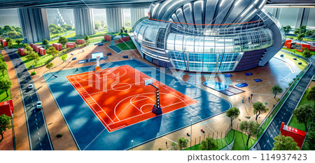Artist's rendering of basketball court inside of large building. 114937423