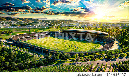 Aerial view of soccer stadium with the sun shining through the clouds. 114937437