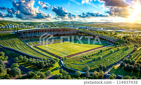 Aerial view of tennis court surrounded by lush green grass and trees. 114937438