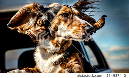 Brown and white dog sticking its head out the window of car. 114937440