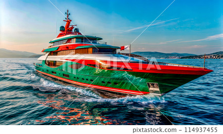 Large green and red boat in the middle of body of water. 114937455