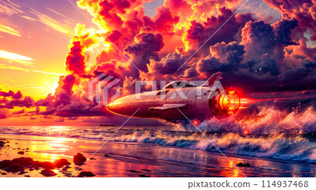 Large jetliner flying through cloudy sky over body of water. 114937468