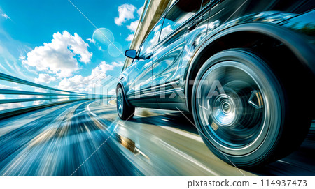 Car driving on road with blue sky and clouds in the background. Car driving on road with blue sky and clouds in the background. 114937473