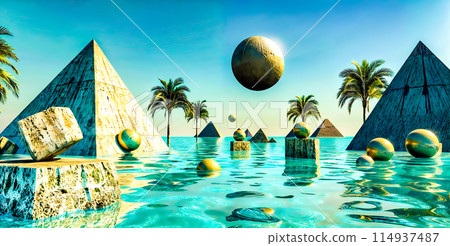 Digital painting of beach scene with palm trees and pyramids in the water. 114937487