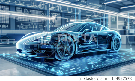 Car model design with holographic digital, engineer develop innovative modern electric. 114937578