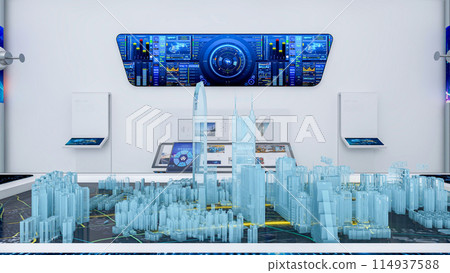 Futuristic Sci-Fi Hallway Interior with Hologram table, Smart Robot and Monitor Screen on Wall, 3D Rendering Futuristic Sci-Fi Hallway Interior with Hologram table, Smart Robot and Monitor Screen on Wall, 3D Rendering 114937588