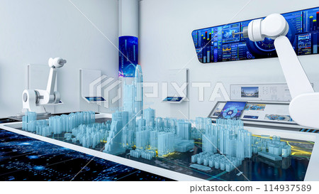 Futuristic Sci-Fi Hallway Interior with Hologram table, Smart Robot and Monitor Screen on Wall, 3D Rendering 114937589