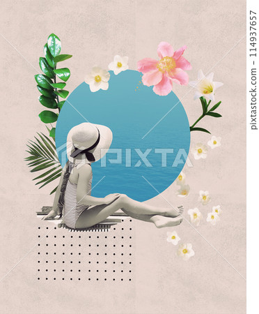 A little girl in a hat sitting near the ocean - art collage or design about summertime, holidays, vacation, dreams of sea 114937657