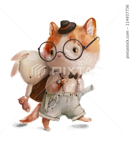 cute kitten with white hare in the bag 114937736