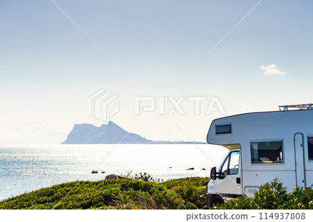 Caravan on spanish coast, Gibraltar rock on horizon 114937808
