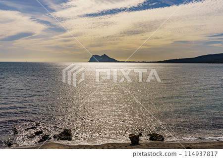 British Gibraltar rock on spanish coast. British Gibraltar rock on spanish coast. 114937817
