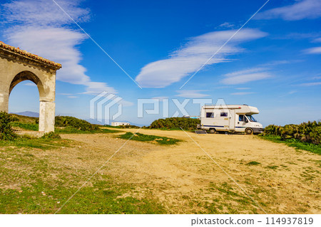 Caravan on beach by Punta Mala, Alcaidesa Spain Caravan on beach by Punta Mala, Alcaidesa Spain 114937819
