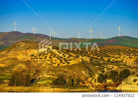 Wind turbines on hills, Andalusia Spain Wind turbines on hills, Andalusia Spain 114937822