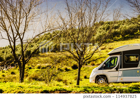 Rv camper camping on nature, Spain. Rv camper camping on nature, Spain. 114937825