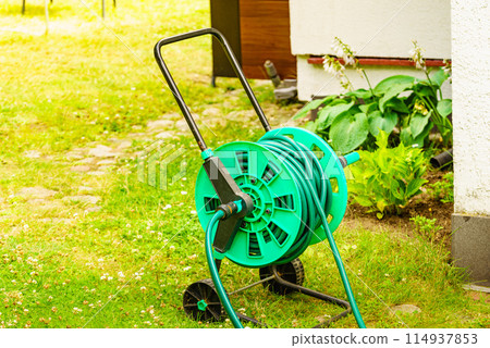Garden hose for watering plants in garden Garden hose for watering plants in garden 114937853
