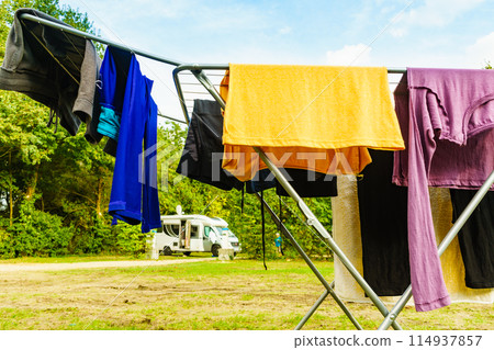 Clothes hanging to dry outdoor at caravan Clothes hanging to dry outdoor at caravan 114937857