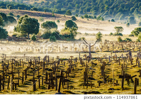 Haze in morning over Sad Hill Cemetery in Burgos, Spain 114937861