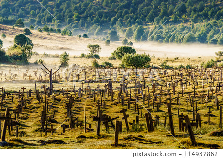 Haze in morning over Sad Hill Cemetery in Burgos, Spain 114937862