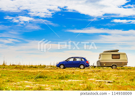 Caravan trailer camping on coast, Spain. 114938009