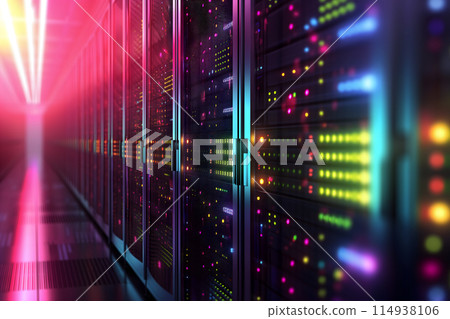 Server room with neon high contrast lighting 114938106