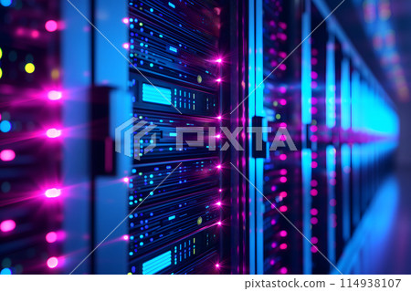 Server room with neon high contrast lighting 114938107