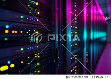 Server room with neon high contrast lighting Server room with neon high contrast lighting 114938114