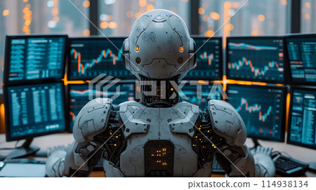 Back view of a financial analyst day trader robot working on computer with many screens that shows real-time stock data. Back view of a financial analyst day trader robot working on computer with many screens that shows real-time stock data. 114938134