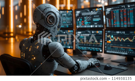 Back view of a financial analyst day trader robot working on computer with many screens that shows real-time stock data. 114938135