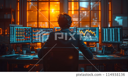 Back view of a financial analyst day trader working on computer with many screens that shows real-time stock data. 114938136