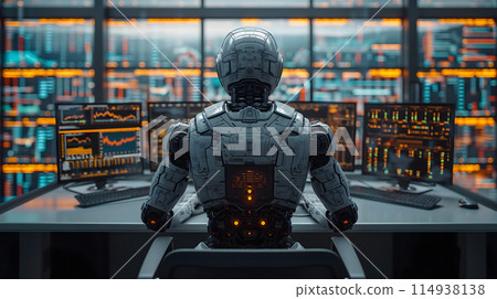 Back view of a financial analyst day trader robot working on computer with many screens that shows real-time stock data. Back view of a financial analyst day trader robot working on computer with many screens that shows real-time stock data. 114938138