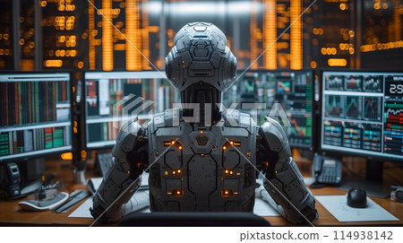 Back view of a financial analyst day trader robot working on computer with many screens that shows real-time stock data. Back view of a financial analyst day trader robot working on computer with many screens that shows real-time stock data. 114938142