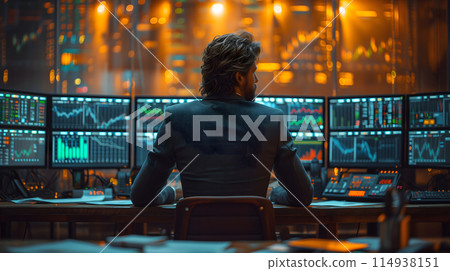 Back view of a financial analyst day trader working on computer with many screens that shows real-time stock data. Back view of a financial analyst day trader working on computer with many screens that shows real-time stock data. 114938151