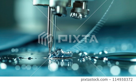 Close-up of a precision syringe nozzle depositing a viscous fluid on a microchip, illustrating high-tech manufacturing.. 114938372