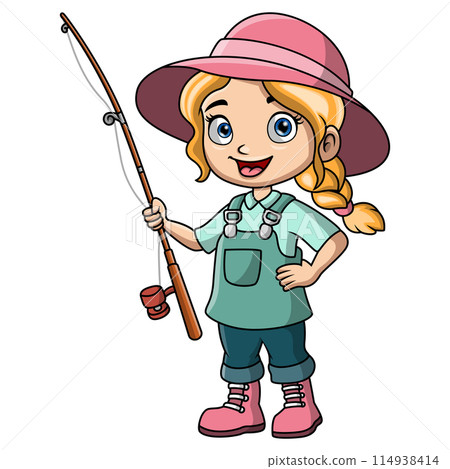 Cute cartoon little girl is fishing 114938414
