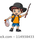 Cute cartoon little boy is fishing 114938433