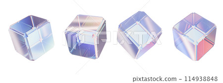 3D transparent cube set, glasses geometric abstract shape render icon, crystal holographic block.  114938848