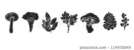 Linocut forest mushroom set engraving vector Scandinavian leaf, cones twig black print collection. Linocut forest mushroom set engraving vector Scandinavian leaf, cones twig black print collection. 114938849