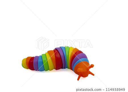 Multicoloured anti-stress plastic slug. Sensory toys for children. Flexible multicoloured toy without background. A game for developing imagination and fine motor skills. 114938949