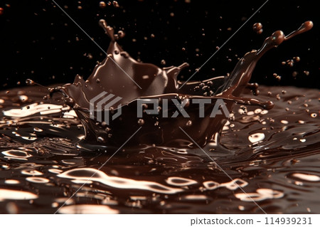 Splashes of chocolate. Chocolate bar is poured into melted chocolate pile 114939231