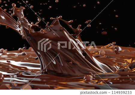 Splashes of chocolate. Chocolate bar is poured into melted chocolate pile 114939233