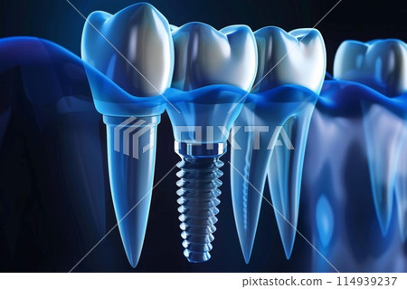The concept of dental implants. A 3D rendering showing a dental implant placed between teeth The concept of dental implants. A 3D rendering showing a dental implant placed between teeth 114939237