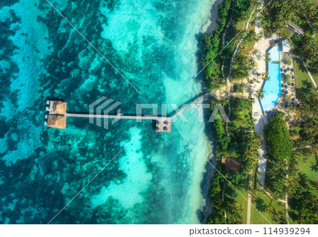 Aerial view of bungalow, white sandy beach, sea and palms 114939294