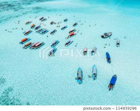 Aerial view of colorful boats, sea bay with azure water in summer 114939296